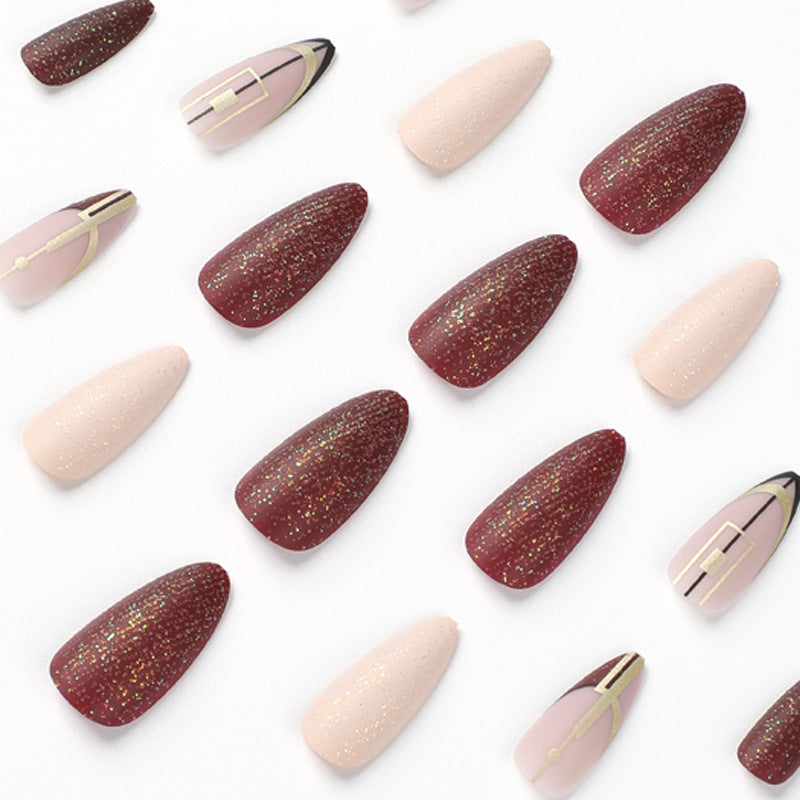 Wholesale Crimson Glitter Matte Black Lines Nail Stickers